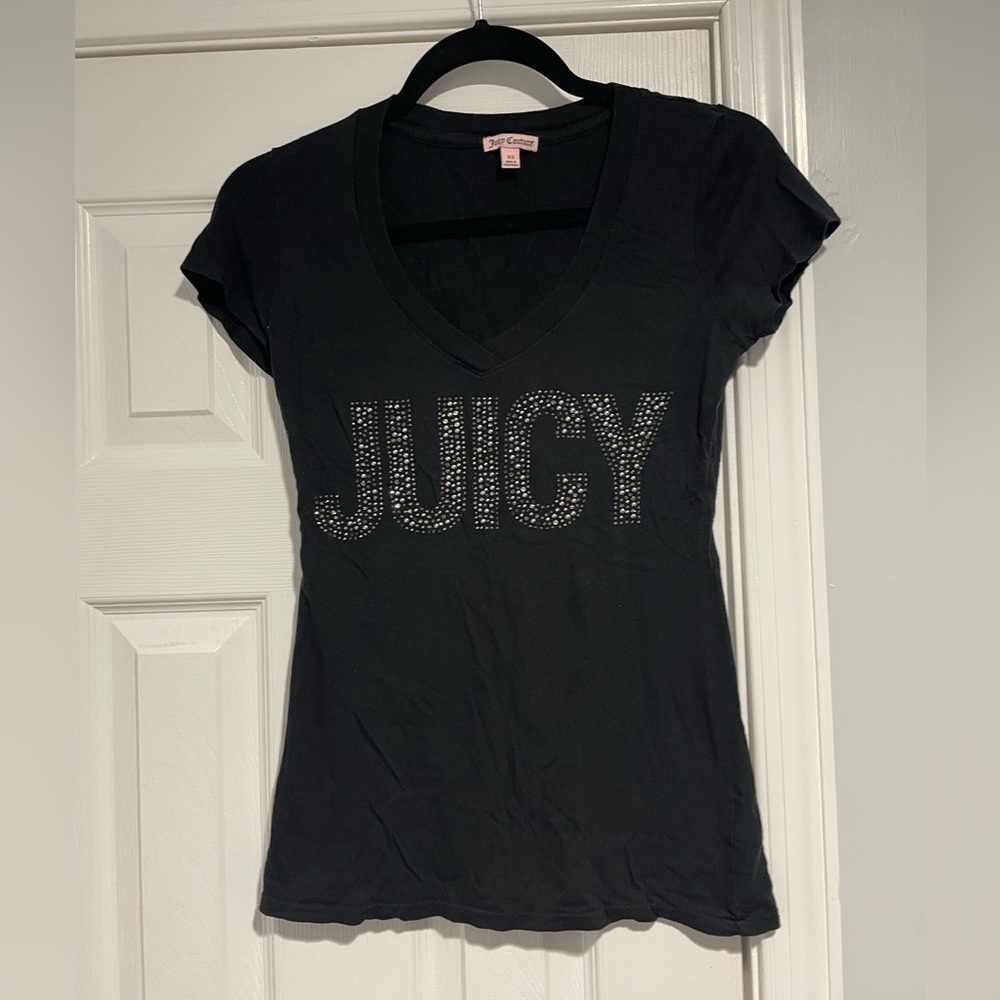 Juicy Couture Black V-Neck Tee with Crystal JUICY Logo
